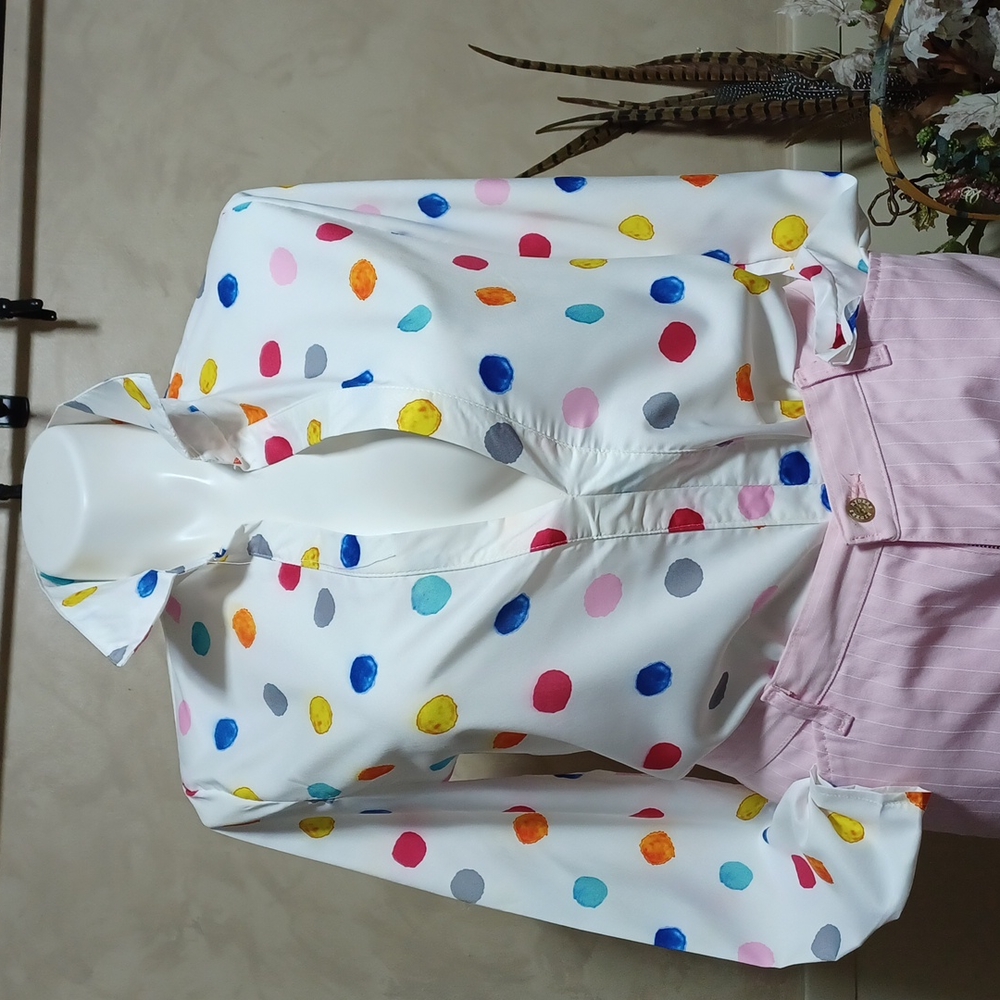 Womens top IN A BEAUTIFUL WHITE WITH MULTI COLOR POLKA DOT